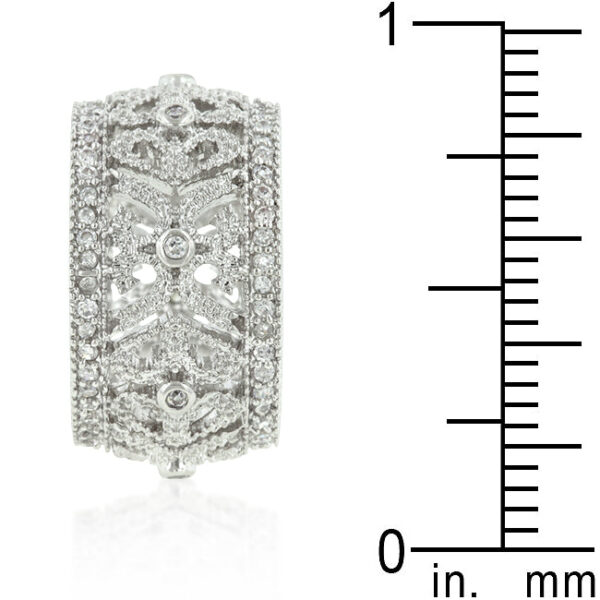 13 Mm wide eternity ring with round cubic zirconia, prongs, and rhodium plated over lead free alloy (brass).