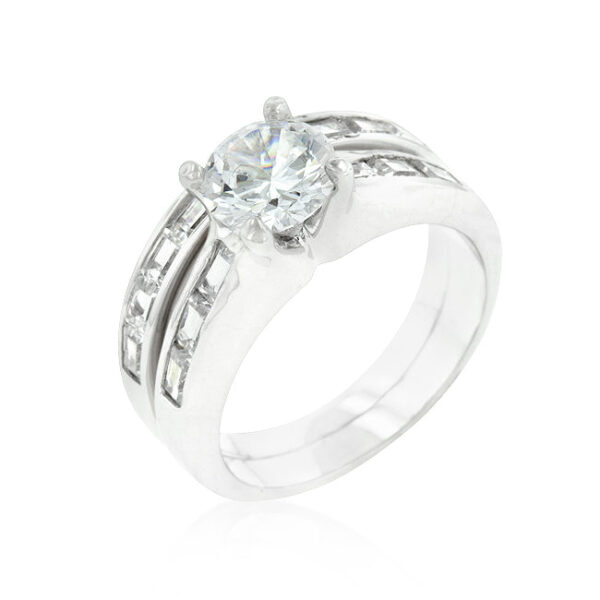 Stackable ring set with baguette and round genuine cubic zirconia in prongs, rhodium plated over lead free alloy (brass).