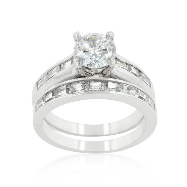 Wedding-style stackable ring set with 2.41 ct total stone weight of genuine cubic zirconia, rhodium plated over lead free alloy (brass).