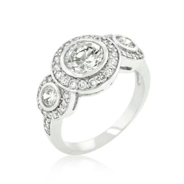 Round cubic zirconia ring in bezel settings, rhodium plated over lead free alloy (brass).