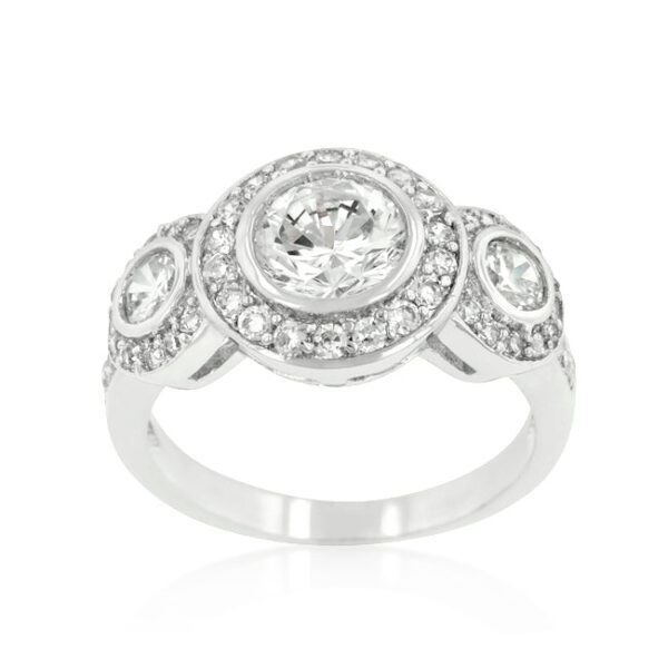Round cubic zirconia in bezel settings on a rhodium plated over lead free alloy (brass) ring.