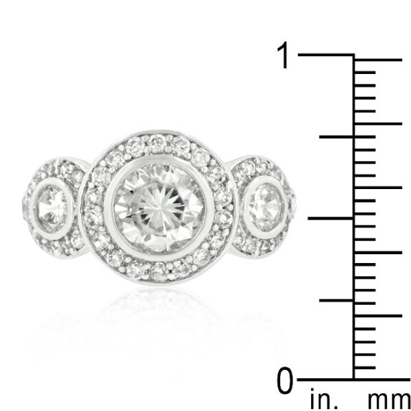 Rhodium plated over lead free alloy (brass) ring with round cubic zirconia and bezel settings.