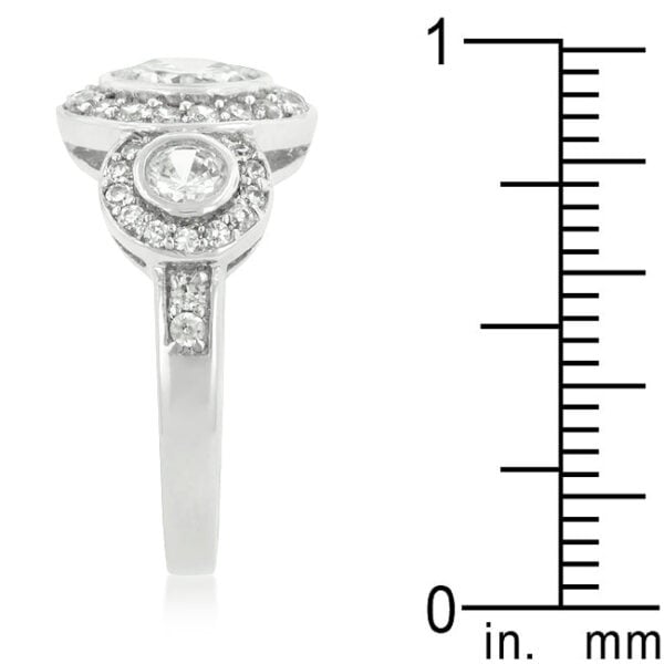 Round bezel-set cubic zirconia ring, rhodium plated over lead free alloy (brass).