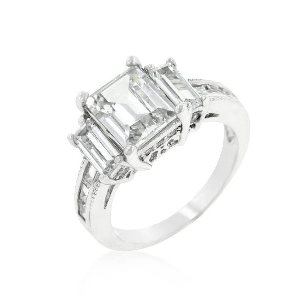 The ring with genuine cubic zirconia in prongs, rhodium plated over lead free alloy (brass).