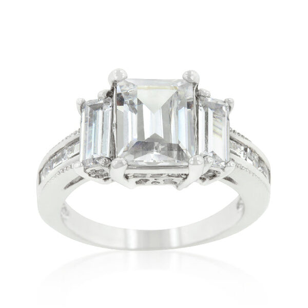 Genuine cubic zirconia ring in prong settings, rhodium plated over lead free alloy (brass).