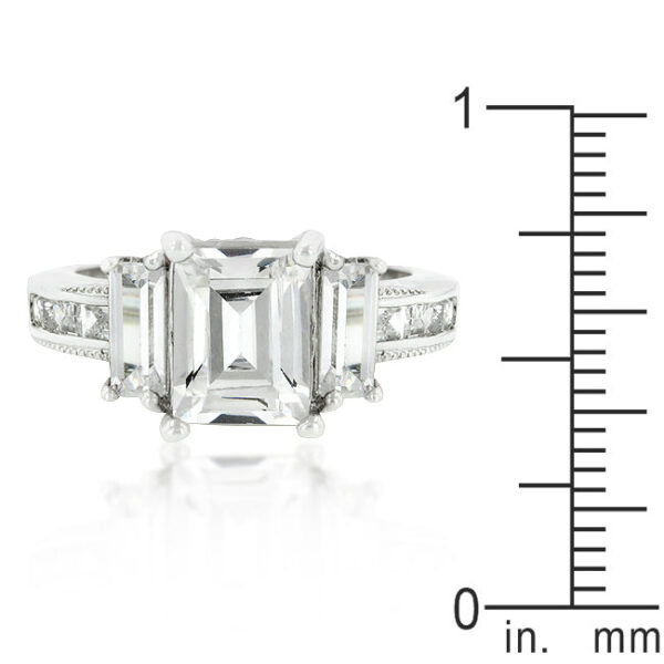 Triplet engagement ring with 5.1 ct total stone weight, rhodium plated over lead free alloy (brass).
