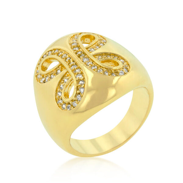 Ribbon cocktail ring with round cubic zirconia in prong settings, 2.6 ct total stone weight, and gold tone finish over lead free alloy (brass).