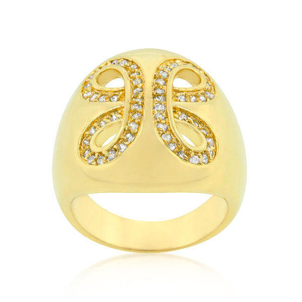 Ribbon cocktail ring in gold tone finish over lead free alloy (brass) with round cubic zirconia in prong settings.