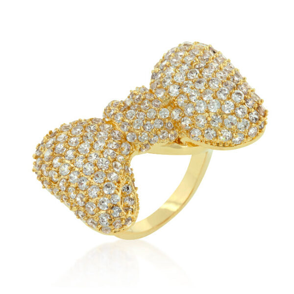 The ring with round 2 (mm) stones in a pave setting and gold tone finish over lead free alloy (brass).