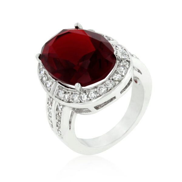 Oval genuine ruby-colored cubic zirconia cocktail ring in prong settings, rhodium plated over lead free alloy (brass).