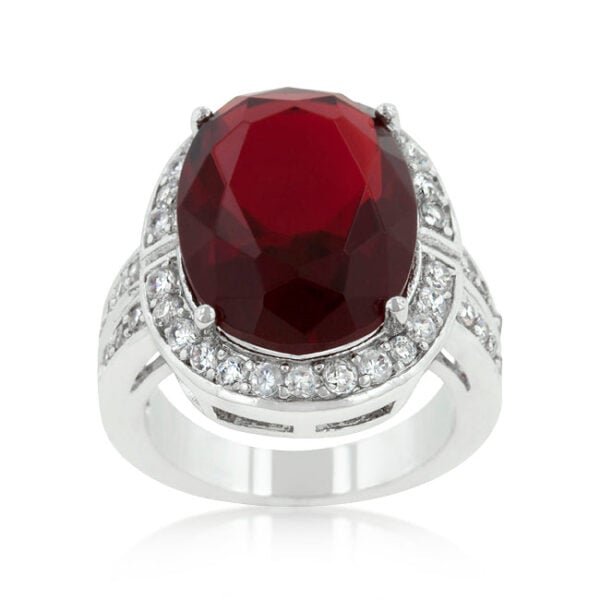 Ruby-colored oval cubic zirconia in prong settings on a rhodium plated over lead free alloy (brass) cocktail ring.