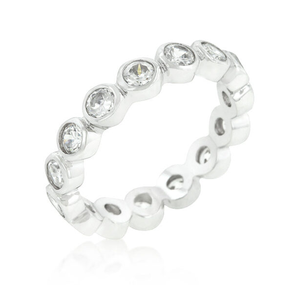 The band with round genuine cubic zirconia in bezel settings and rhodium plated over lead free alloy (brass).