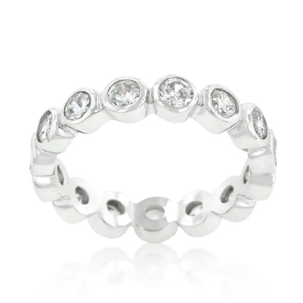 Round genuine cubic zirconia bezel eternity ring, rhodium plated over lead free alloy (brass), with 1.2 ct total stone weight.