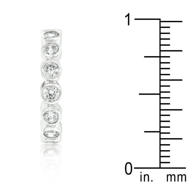 Rhodium plated over lead free alloy (brass) eternity band with round genuine cubic zirconia in bezel settings.