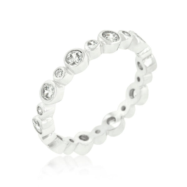 Linked eternity band with round genuine cubic zirconia in bezel settings and rhodium plated over lead free alloy (brass).