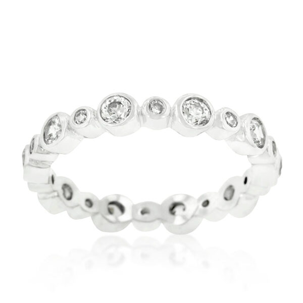 Round genuine cubic zirconia eternity ring with 0.5 ct total stone weight in bezel settings.