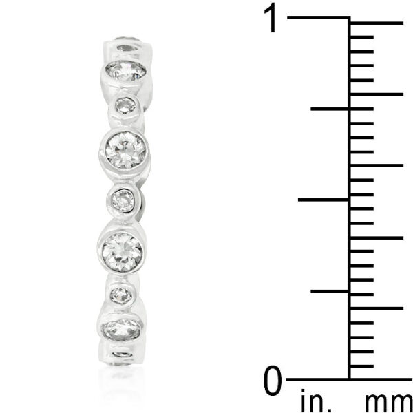 3 (mm) eternity band with 2 (mm) round genuine cubic zirconia in bezel settings.
