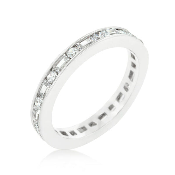 Alternating eternity band with baguette-cut genuine cubic zirconia in a channel setting, rhodium plated over lead free alloy (brass).