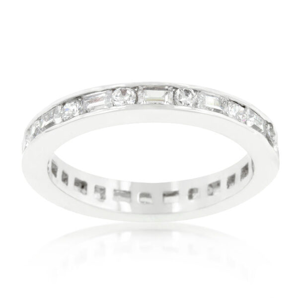 Baguette-cut genuine cubic zirconia eternity band with 2.6 ct total stone weight in a channel setting.