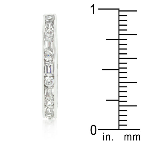 Genuine cubic zirconia eternity band with 3 Mm X 2 Mm baguette-cut accent stones in a channel setting.