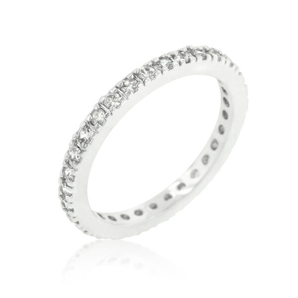 The band with round 2 (mm) accent stones in prong settings, rhodium plated over lead free alloy (brass).