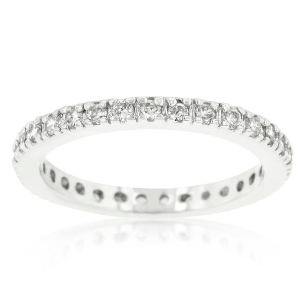 Round cubic zirconia eternity band in prong settings, rhodium plated over lead free alloy (brass), with 1.5 ct total stone weight.