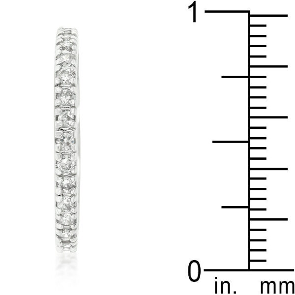 Cubic zirconia eternity band with round stones in prong settings, rhodium plated over lead free alloy (brass).