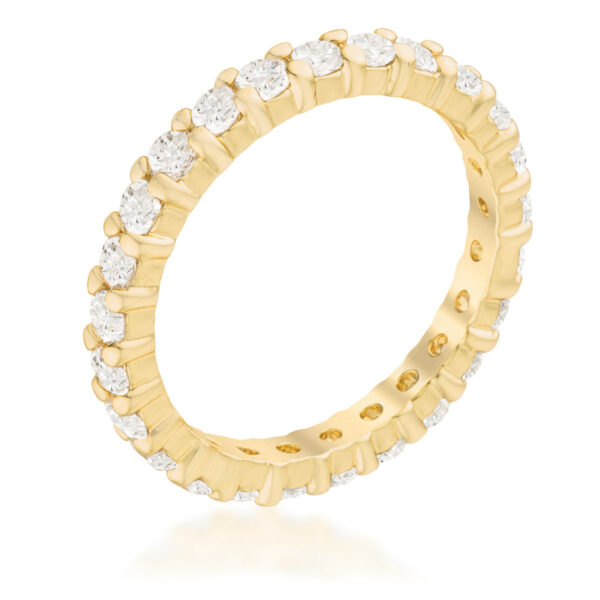 Eternity band with round cubic zirconia in prongs, 0.92 ct total stone weight, and gold tone over lead free alloy (brass).