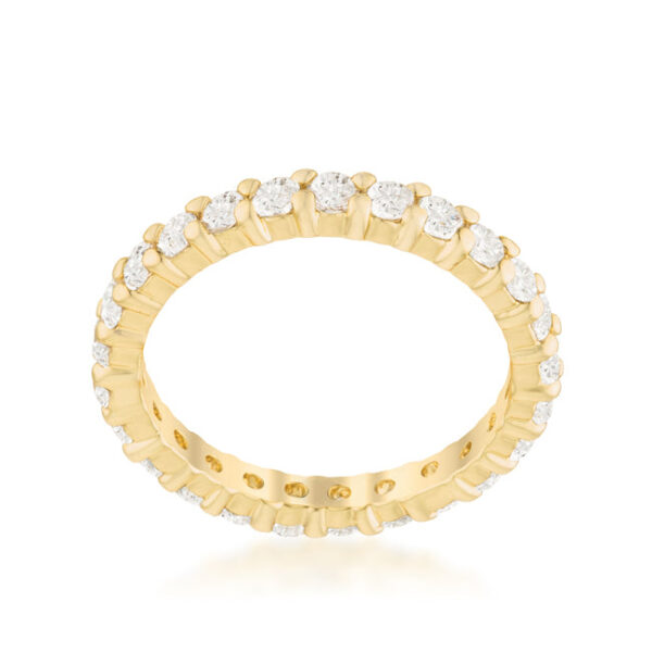 gold tone over lead free alloy (brass) eternity band with round cubic zirconia in prongs.