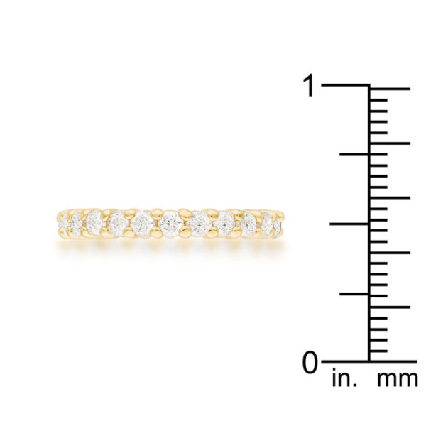 Round cubic zirconia eternity band in gold tone over lead free alloy (brass), with 0.92 ct total stone weight.