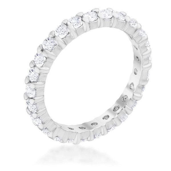 Eternity band with round cubic zirconia held in prongs, rhodium plated over lead free alloy (brass).