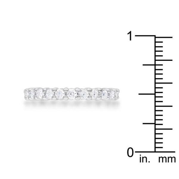 Round cubic zirconia prong-set band, rhodium plated over lead free alloy (brass), measuring 2.4 Mm wide.