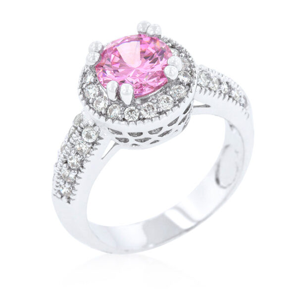 The ring with round genuine cubic zirconia in prongs, 2 ct total stone weight, rhodium plated over lead free alloy (brass).