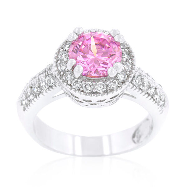 Pink halo ring with round genuine cubic zirconia in prongs and rhodium plated over lead free alloy (brass).