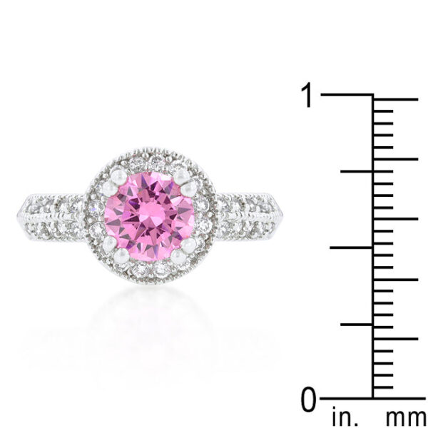 Round genuine cubic zirconia ring, rhodium plated over lead free alloy (brass), with 2 ct total stone weight.