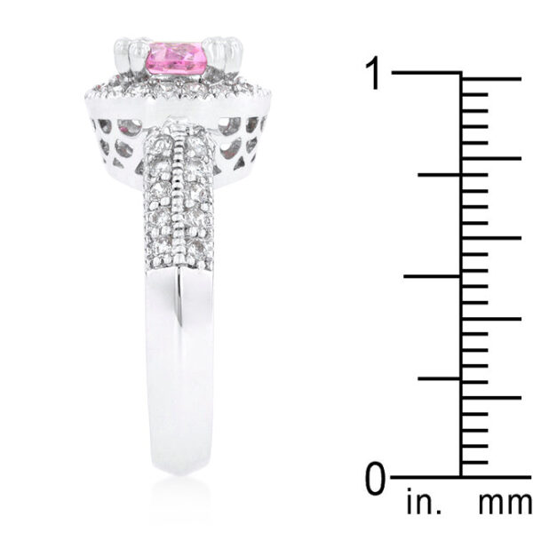 Pink halo design ring with 7 Mm round genuine cubic zirconia in prongs, rhodium plated over lead free alloy (brass).
