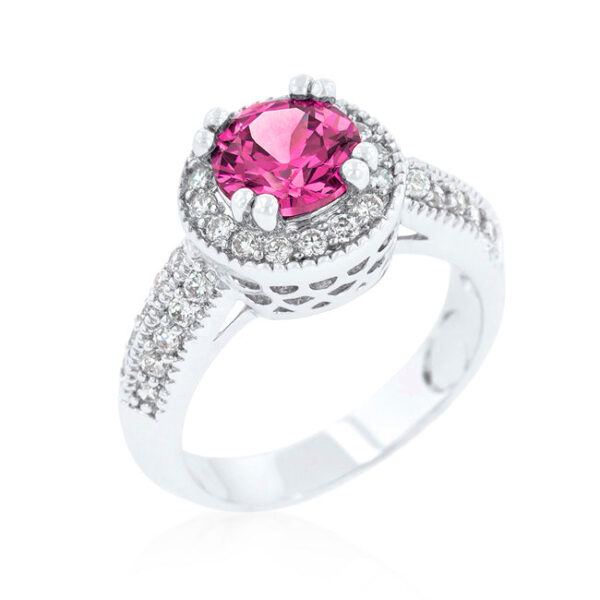 Fuchsia halo ring with round cubic zirconia held in prong settings.