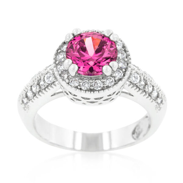 Fuchsia halo ring with round cubic zirconia in prong settings.