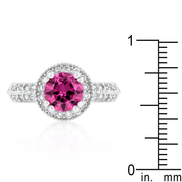 Rhodium plated over lead free alloy (brass) fuchsia halo ring with genuine round cubic zirconia.