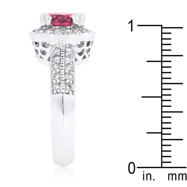 Round cubic zirconia and prong settings on the fuchsia halo ring.