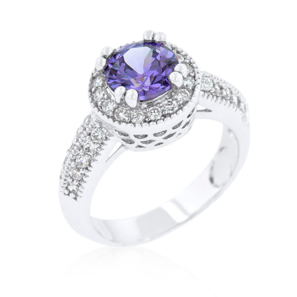 The ring with round genuine cubic zirconia in prongs, rhodium plated over lead free alloy (brass).
