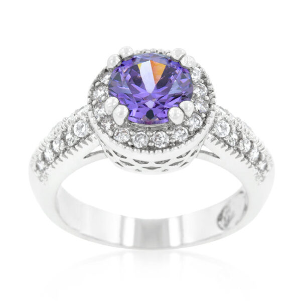 Round genuine cubic zirconia in prongs on a ring, rhodium plated over lead free alloy (brass).