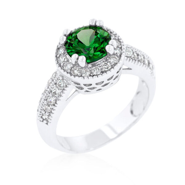 Halo ring with round emerald-colored cubic zirconia in prongs, 4.2 ct total stone weight, rhodium plated over lead free alloy (brass).