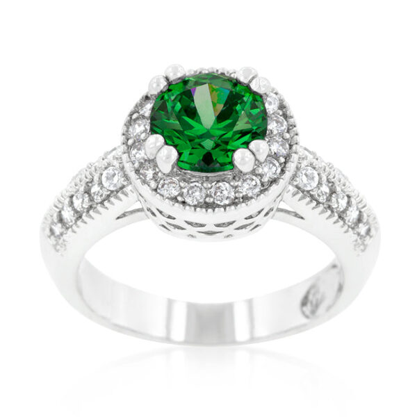 Round emerald-colored cubic zirconia halo ring in prong settings, rhodium plated over lead free alloy (brass), 4 Mm wide.
