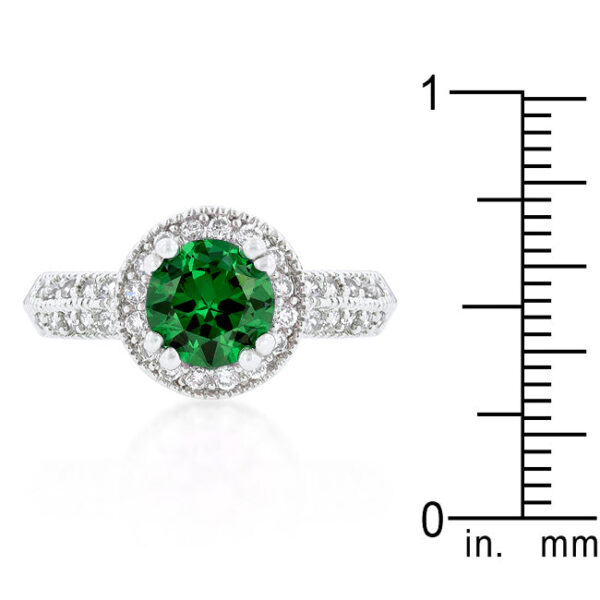Emerald-colored cubic zirconia prong-set halo ring with 4.2 ct total stone weight, rhodium plated over lead free alloy (brass).