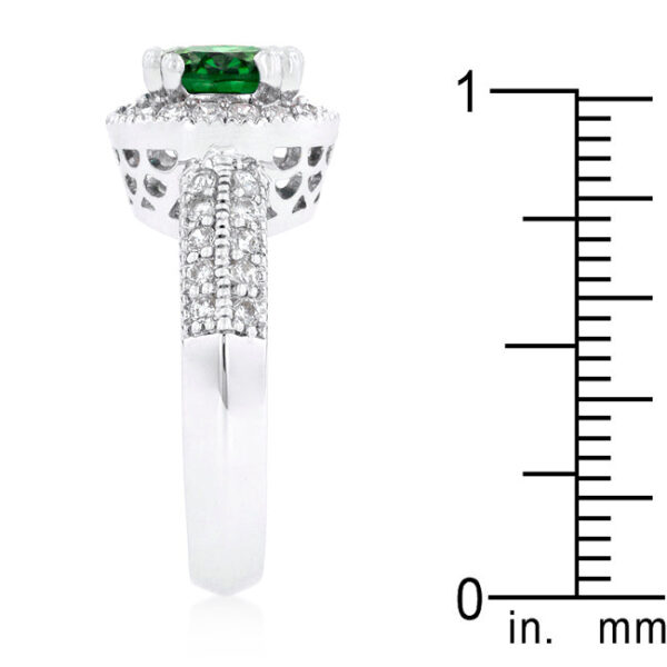 Bridal halo ring with round emerald-colored cubic zirconia, rhodium plated over lead free alloy (brass).