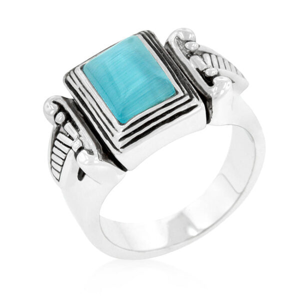 Blue cats eye antique ring with genuine blue cats eye in an invisible setting and rhodium plated over lead free alloy (brass).