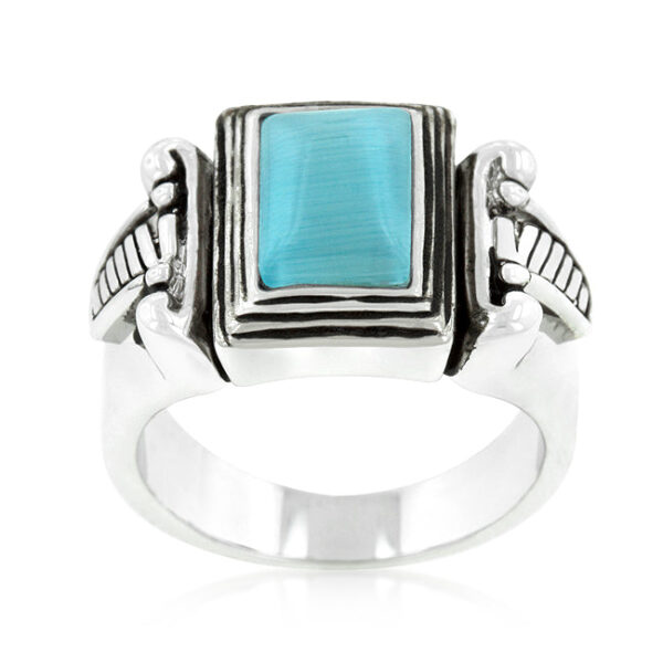 Ring with genuine blue cats eye in an invisible setting, rhodium plated over lead free alloy (brass).