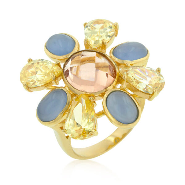 Floral ring with multi-colored pear-cut cubic zirconia in bezel settings and gold tone finish over lead free alloy (brass).