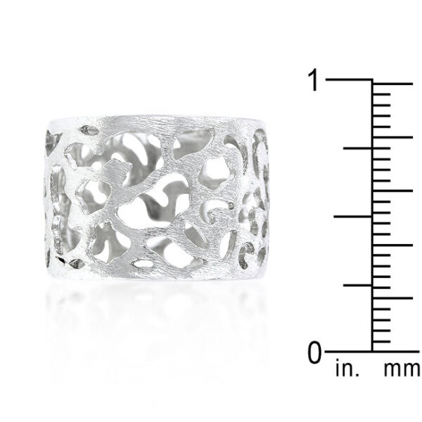 Filigree matte band measuring 16 Mm, rhodium plated over lead free alloy (brass).